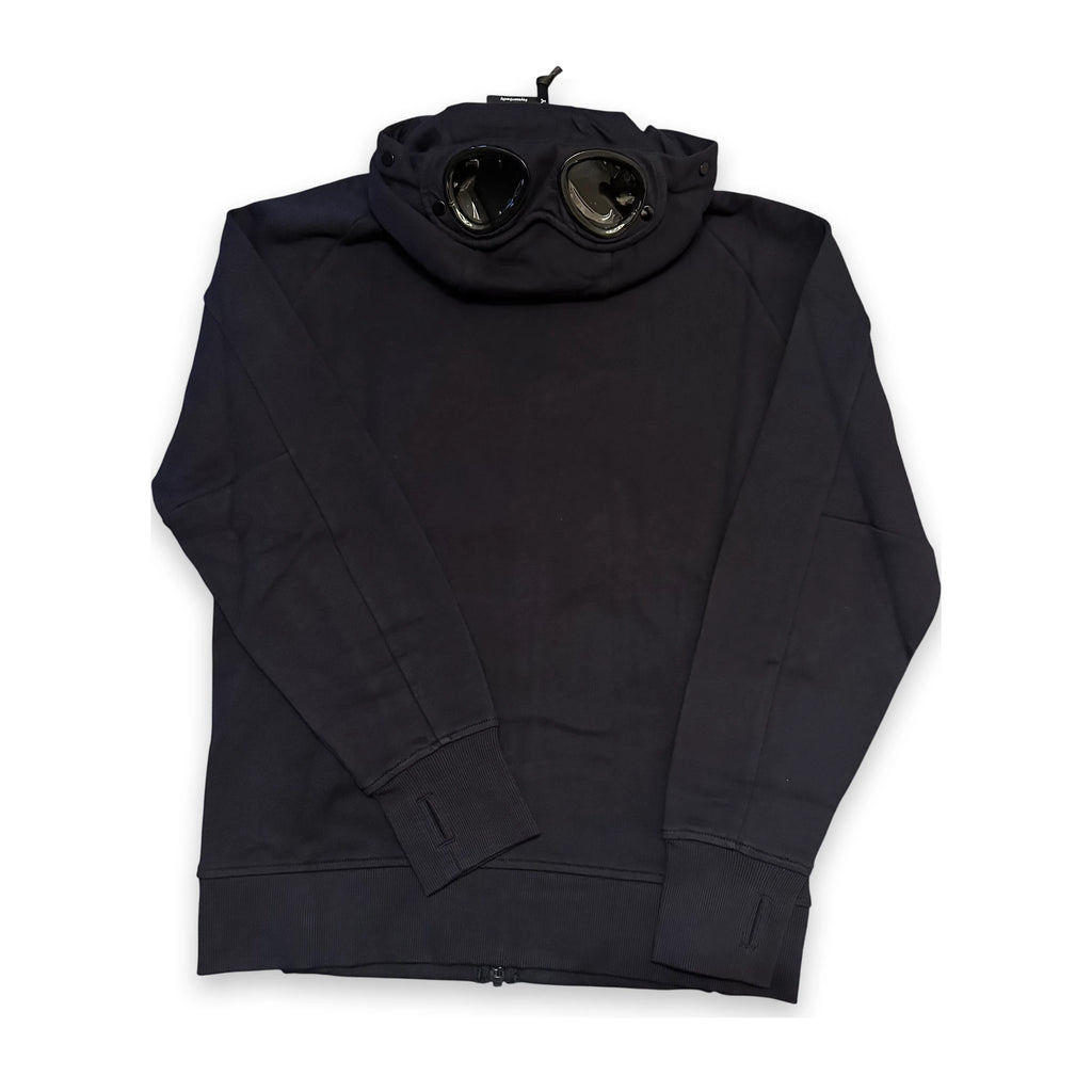 A black zip-up hoodie featuring a hood with a built-in pair of aviator-style goggles, displayed flat against a white background.