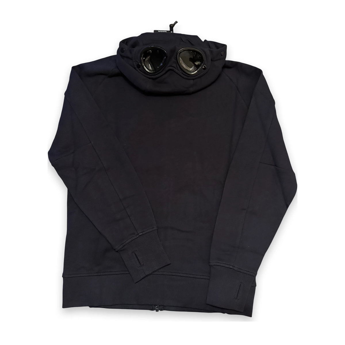A black zip-up hoodie featuring a hood with a built-in pair of aviator-style goggles, displayed flat against a white background.