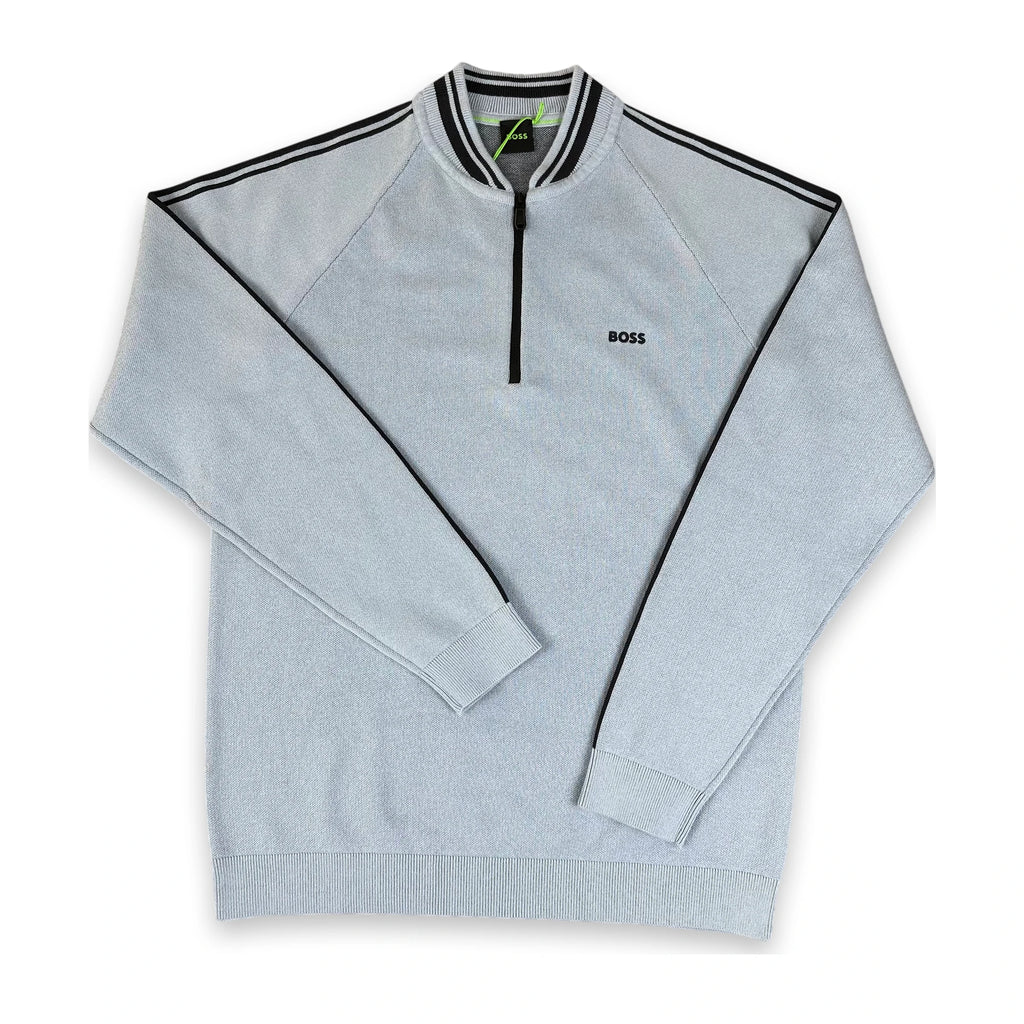 A light gray heathered quarter-zip sweatshirt with black and white striped shoulder details and a black zipper, featuring the 'BOSS' logo on the left chest.