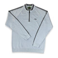 A light gray heathered quarter-zip sweatshirt with black and white striped shoulder details and a black zipper, featuring the 'BOSS' logo on the left chest.