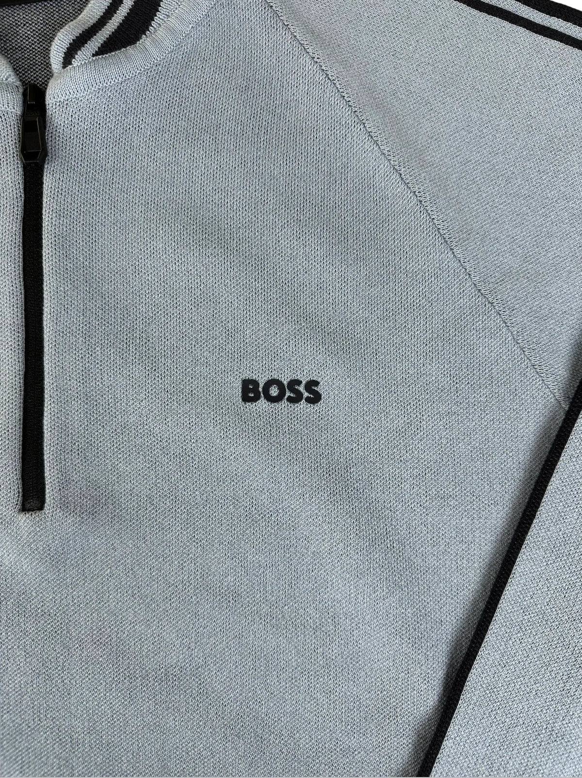 Close-up of a light gray heathered pullover top with a black zipper, black stripe detail on the collar and shoulders, and the black embroidered BOSS logo on the chest.