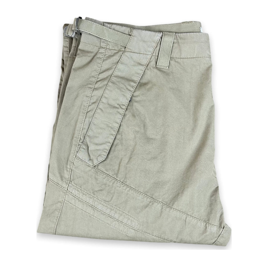 A pair of folded khaki cargo shorts with a matching belt, displayed on a clean white background.