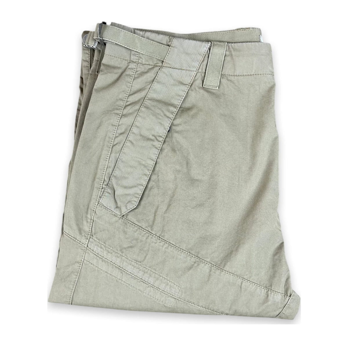 A pair of folded khaki cargo shorts with a matching belt, displayed on a clean white background.