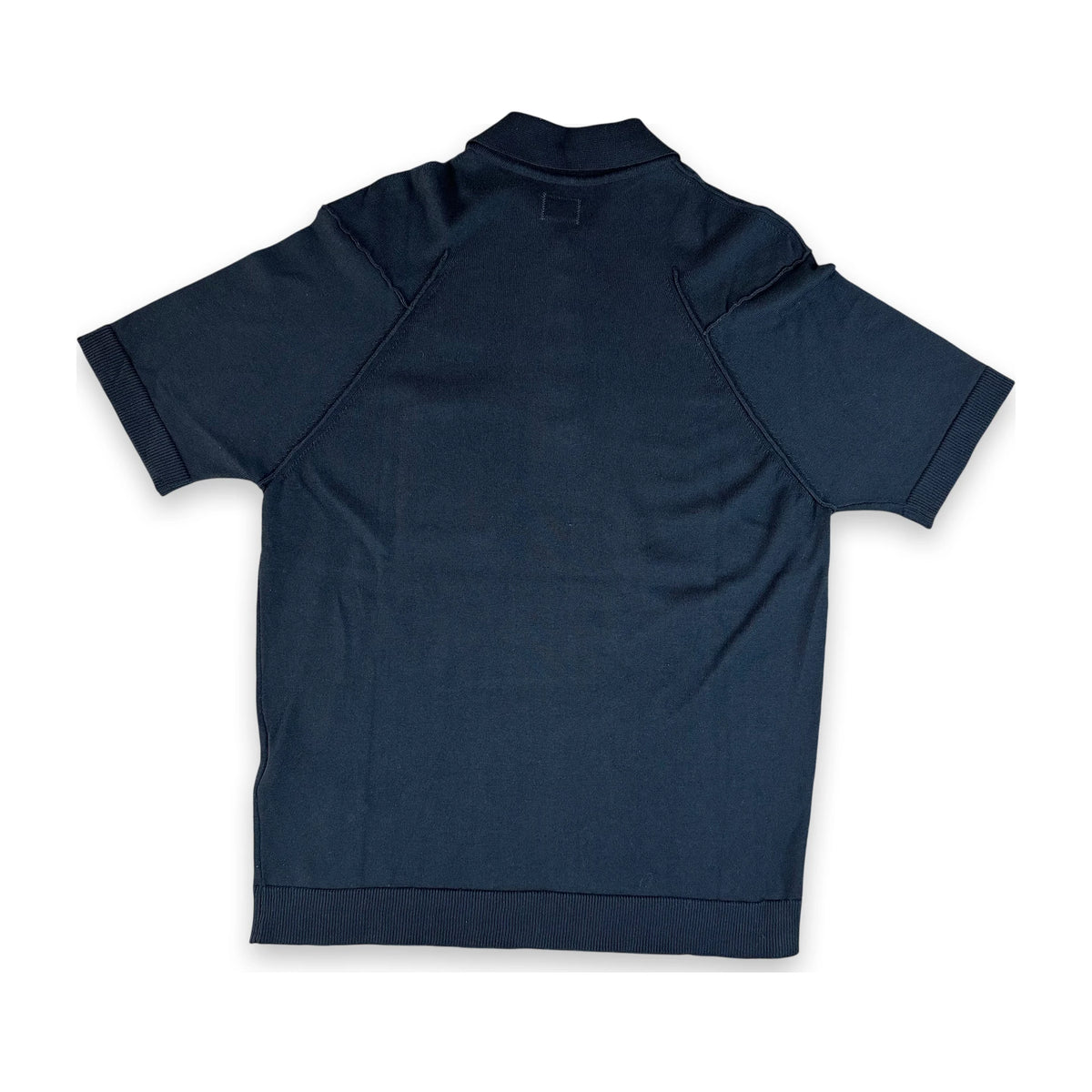 A dark navy blue short-sleeve polo shirt shown from the back, laid flat against a white background.