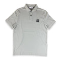 A light gray short-sleeve polo shirt with a two-button placket and a small black square logo patch on the left chest, displayed flat against a white background.