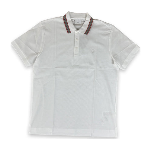 A white short-sleeve polo shirt with a double stripe collar in red and navy, featuring a three-button placket and a small embroidered logo on the left chest.