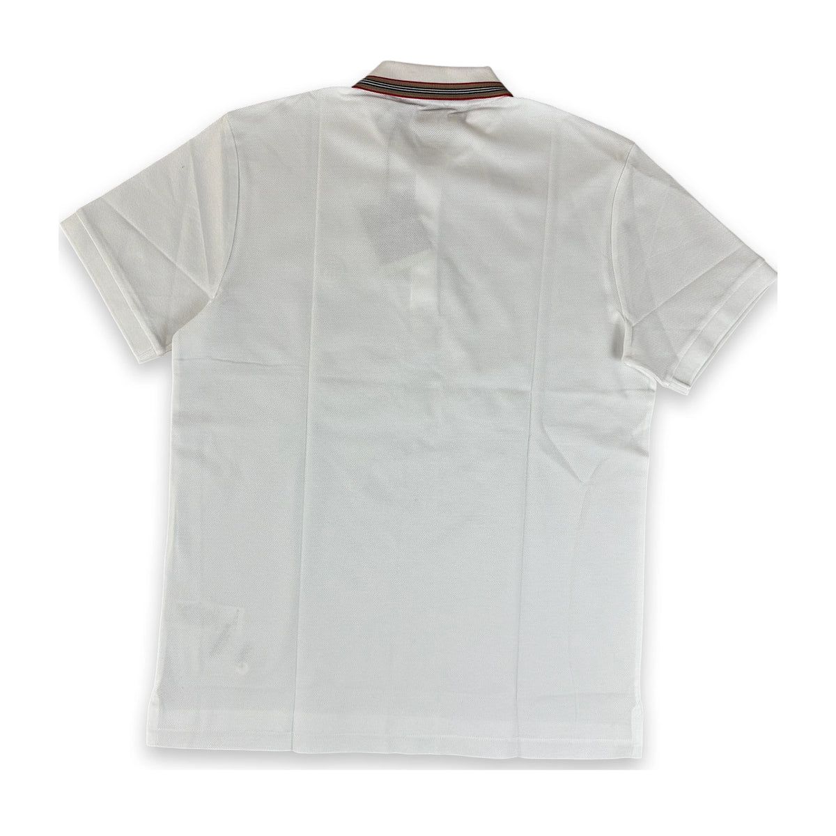 White short-sleeve polo shirt shown from the back, featuring a striped collar with red, blue, and black accents, laid flat on a white background.