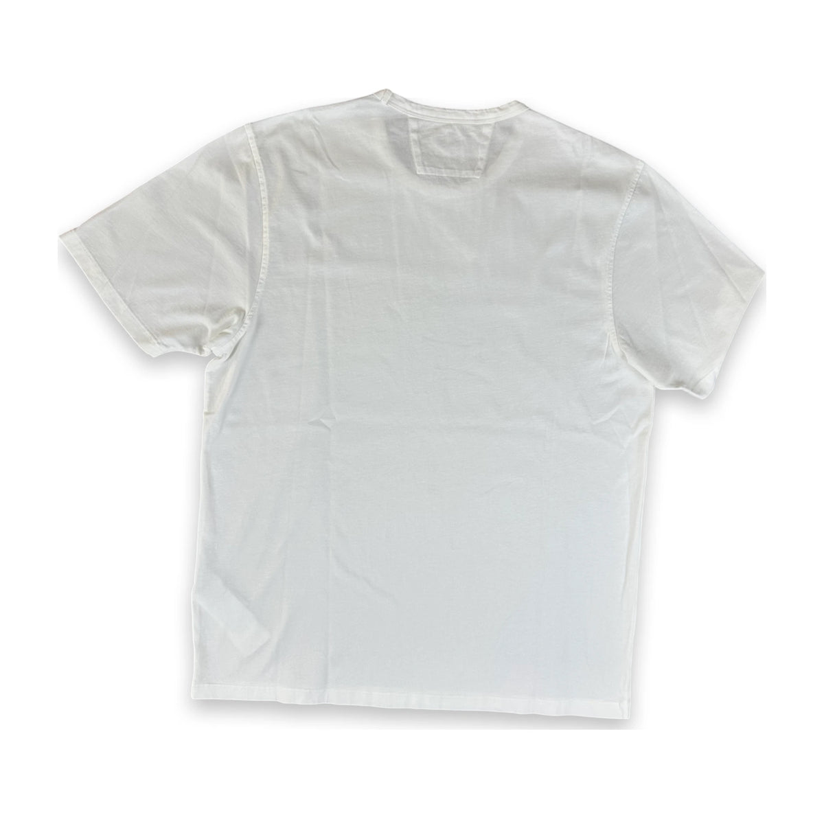A plain white short-sleeve crewneck t-shirt shown from the back, laid flat against a white background.
