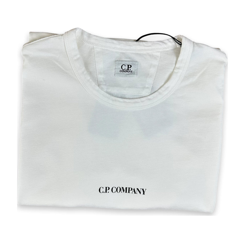 A folded white crewneck t-shirt with 'C.P. COMPANY' printed in black on the front, displayed on a clean white background.