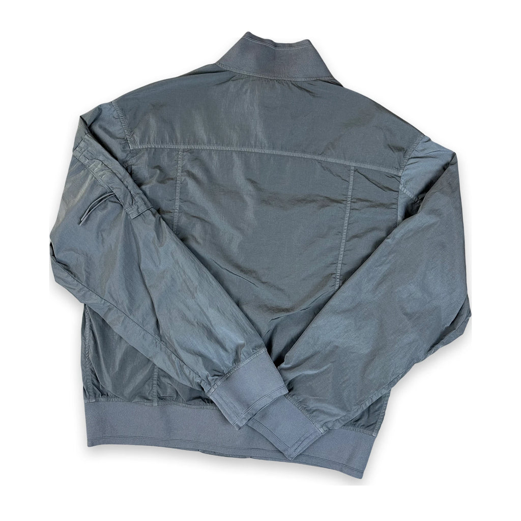 A gray lightweight bomber jacket shown from the back, laid flat on a white background.