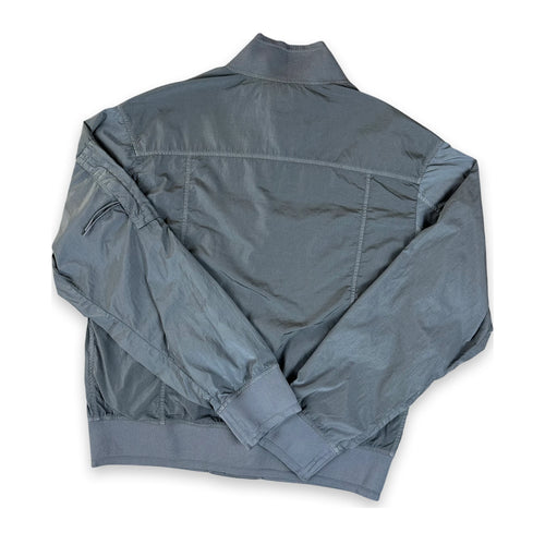 A gray lightweight bomber jacket shown from the back, laid flat on a white background.