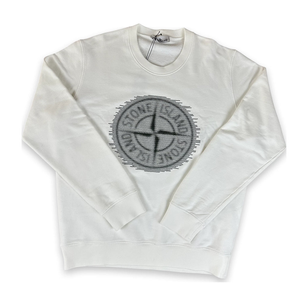 An off-white crewneck sweatshirt featuring the circular Stone Island compass logo printed in gray on the center chest, displayed flat against a white background.