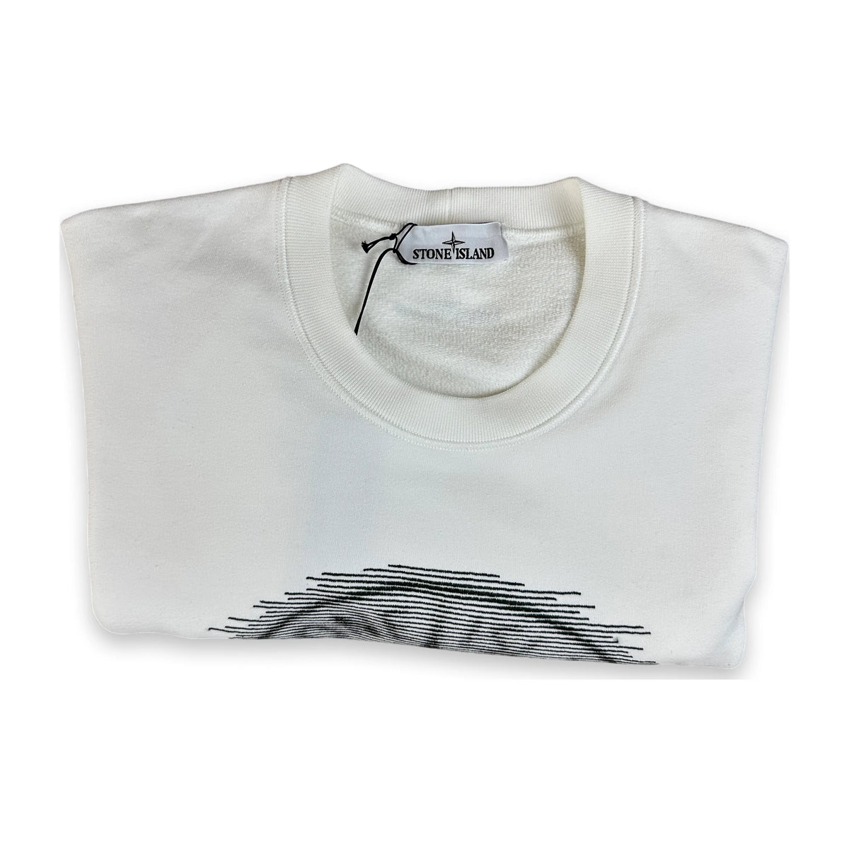 A folded white Stone Island crewneck sweatshirt with a black graphic print on the front, displayed on a clean white background.