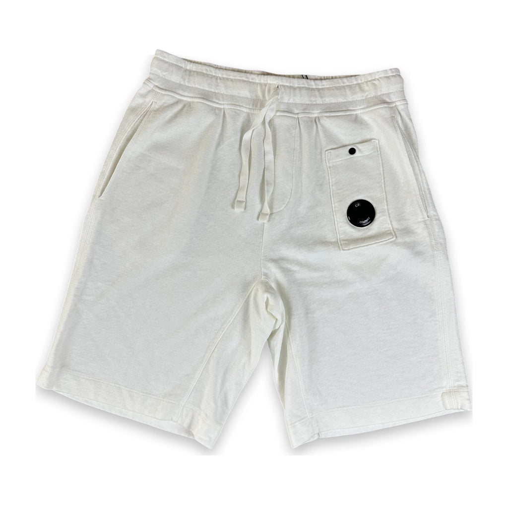 A pair of white cotton shorts with an elastic waistband, laid flat on a white background.