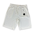 A pair of white cotton shorts with an elastic waistband, laid flat on a white background.