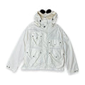 An off-white hooded utility jacket with multiple front pockets and snap-button details, laid flat against a white background.