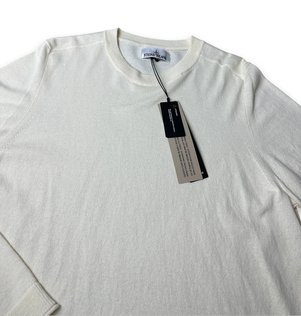 An off-white crewneck knit sweater with a hangtag, shown flat against a white background.