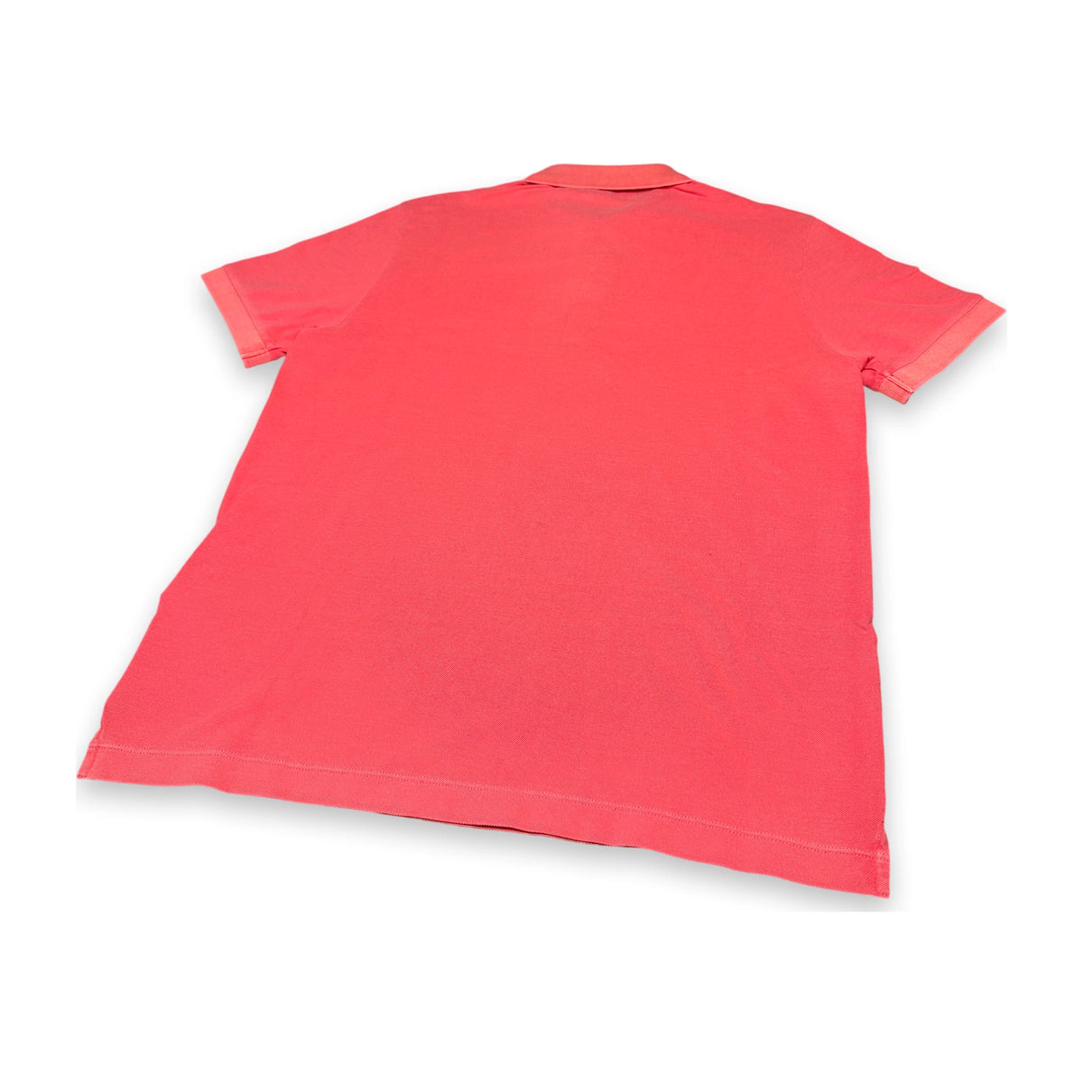 A coral pink short-sleeve t-shirt shown from the back, laid flat on a white background.